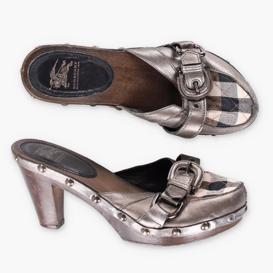BURBERRY Metallic Buckle Plaid Italy Made Wooden Clog Heels (38)