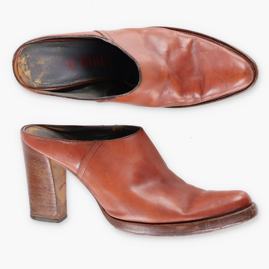 MIU MIU Brown Leather Italy Made Block Heel Mules (36.5)
