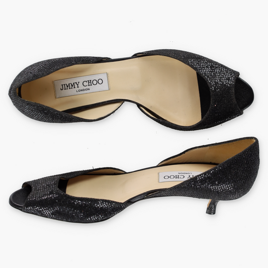 JIMMY CHOO Glitter Peep Toe Black Kitten Heels (38.5)