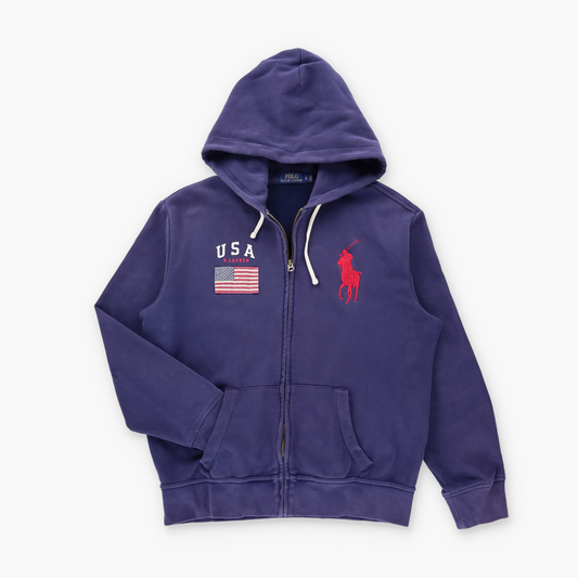 RALPH LAUREN POLO Embroidered Logo & USA Flag Patch Navy Full Zip Hoodie Sweatshirt (L)