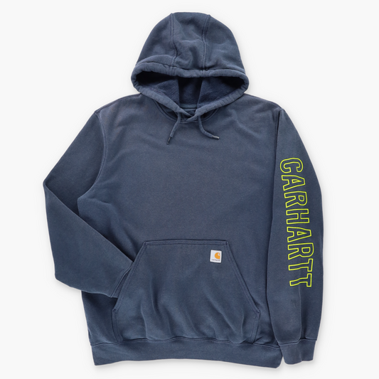 CARHARTT 'Original Fit' Blue & Neon Green Spell Out Graphic Hoodie Sweatshirt (L-XL)