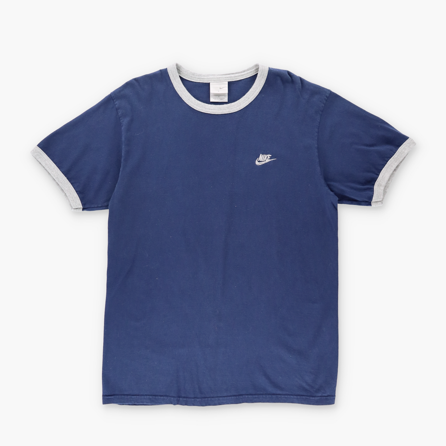 NIKE Embroidered Swoosh Logo Navy & Grey Ringer Tee (L)