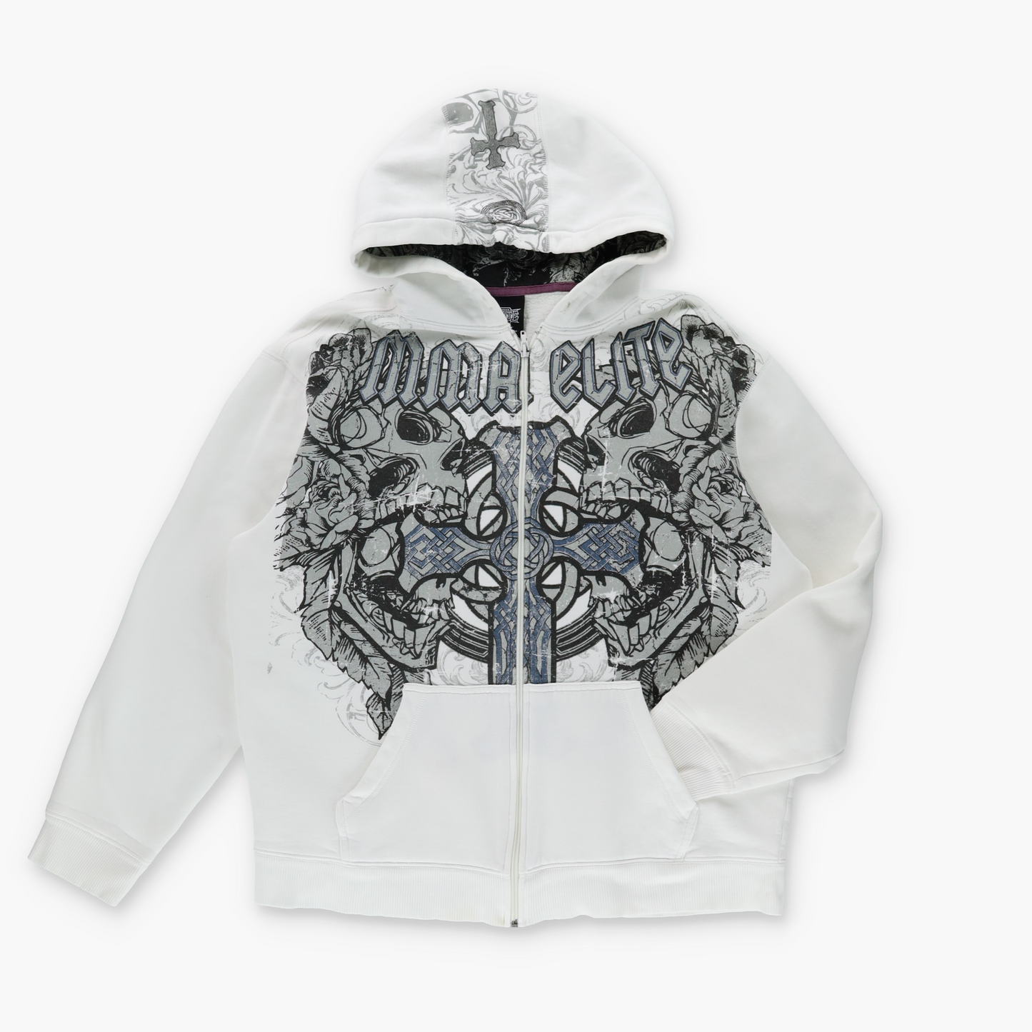 ELITE MMA Y2K Skull Grunge Cross Zip Up Hooded Sweatshirt (L-XL)