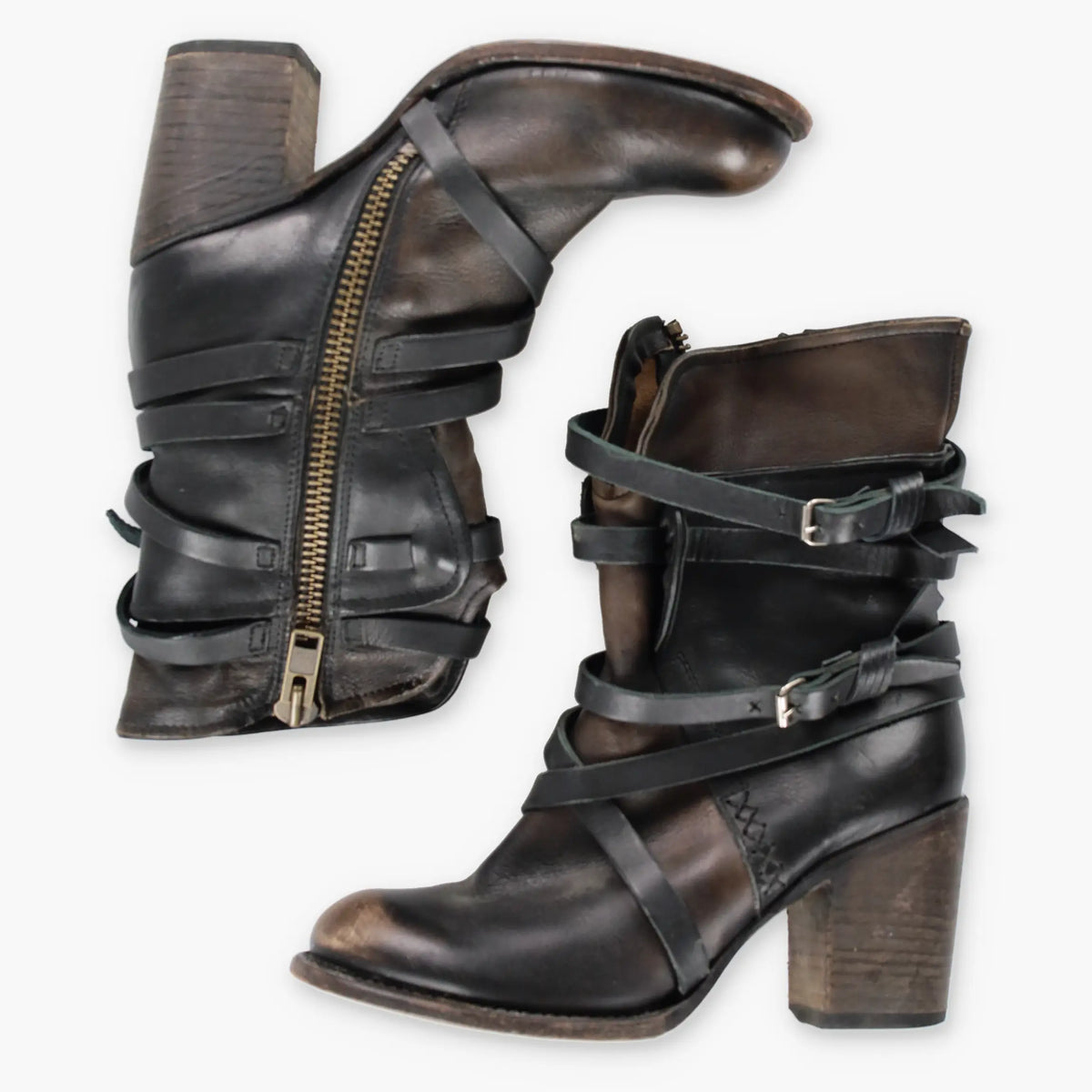 Vintage FREEBIRD WESTERN Buckle Whipstitch Zip Leather Brown Heeled Boots (8)