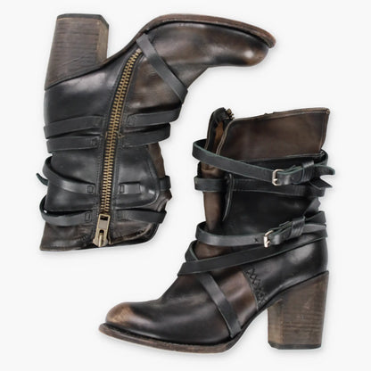 Vintage FREEBIRD WESTERN Buckle Whipstitch Zip Leather Brown Heeled Boots (8)