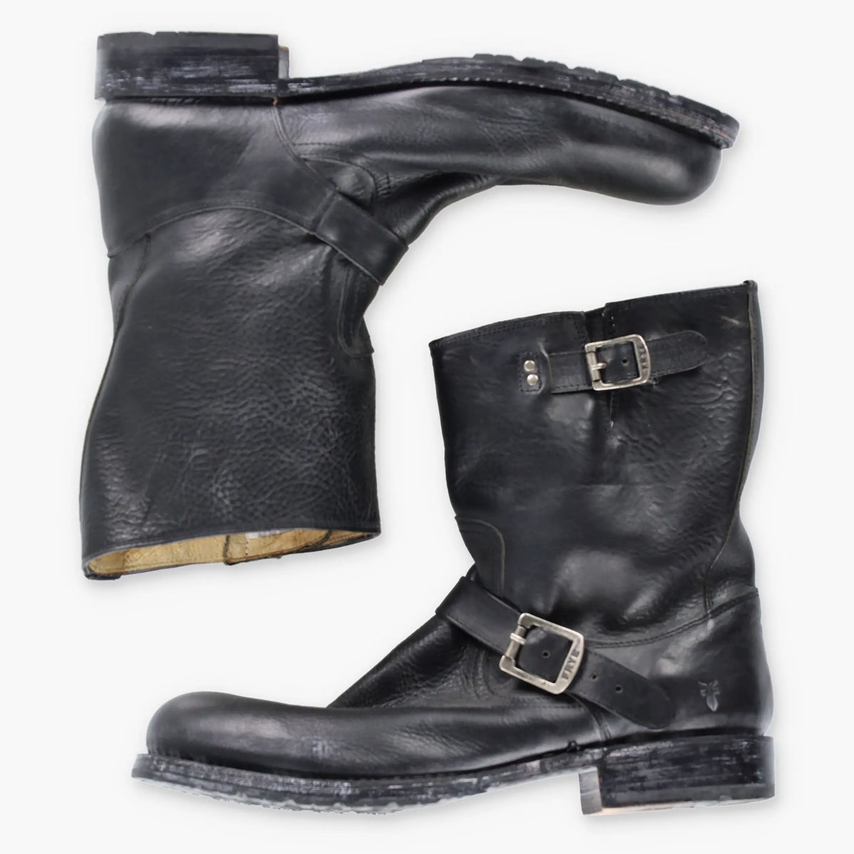 Vintage FRYE Buckle Leather Ankle Western Black & Silver Boots (13 B)