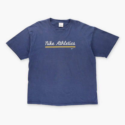 Vintage NIKE ATHLETICA Swoosh Cursive Spell Out Logo Navy & White T-Shirt (XL)