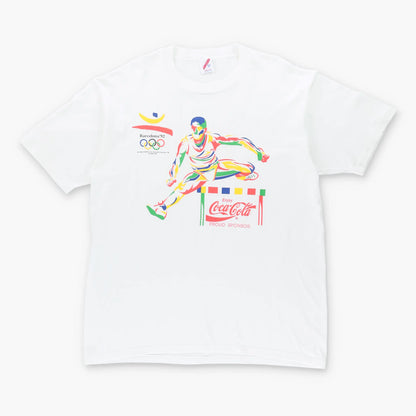 Vintage 1989 OLYMPIC Barcelona Hurdle Coca Cola USA Made White T-Shirt (XL)