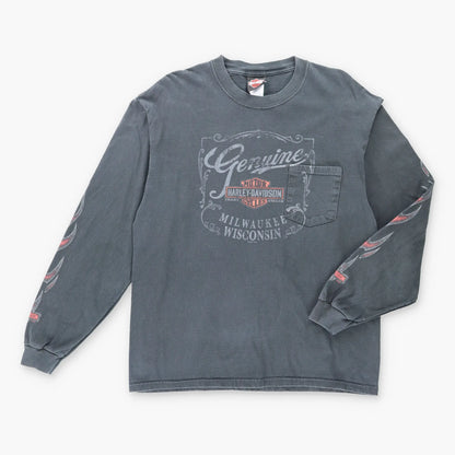 Vintage HARLEY DAVIDSON USA Made Palm Springs Black Long Sleeve Motorcycle Pocket T-Shirt (L)