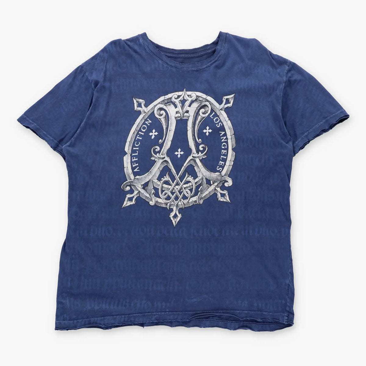 Vintage AFFLICTION Los Angeles Gothic Wings Gold Foil Detail Navy Blue Distressed Y2K Tee (L)