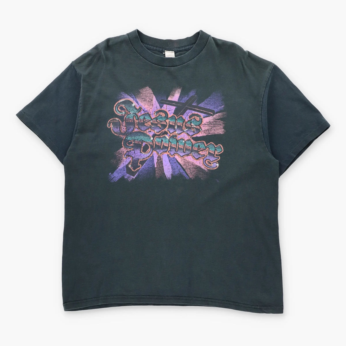Vintage "Jesus Power" Colourful Shining Cross Graphic Black T-Shirt (XL)