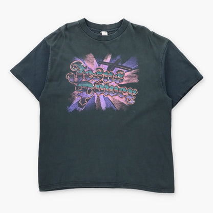 Vintage "Jesus Power" Colourful Shining Cross Graphic Black T-Shirt (XL)