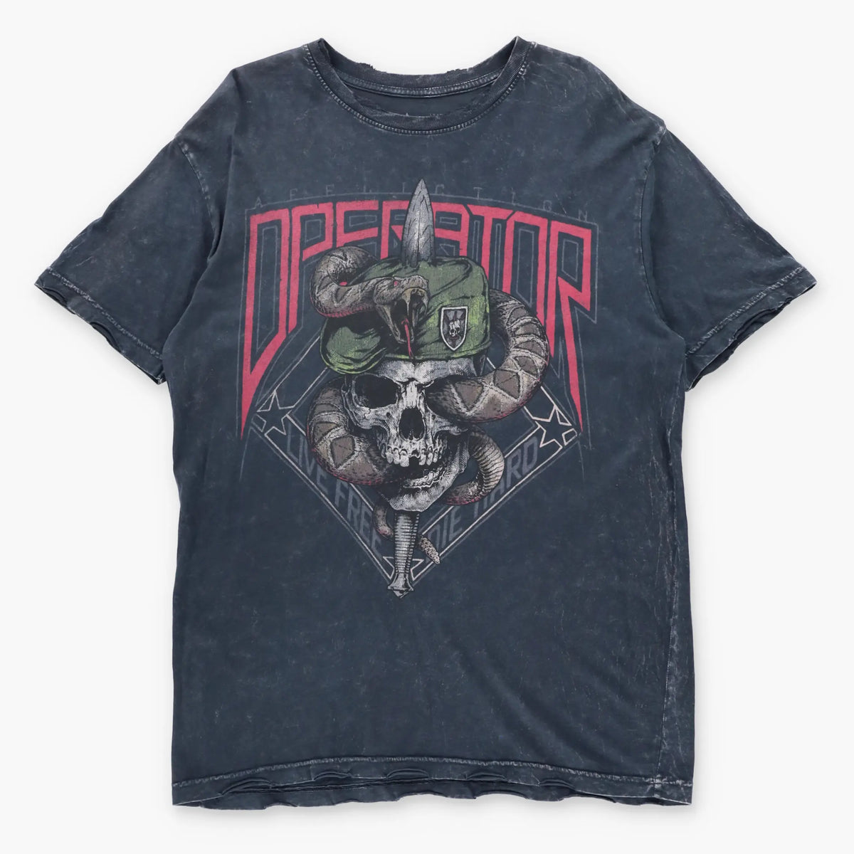 AFFLICTION Operator "Live Free Die Hard" Snake & Soldier Skull USA Made Vintage Y2K T-Shirt (L)