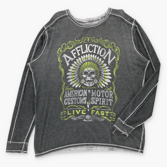 AFFLICTION "Live Fast" Reversible Vintage Y2K Velvet Detail Long Sleeve Tee (XXL)