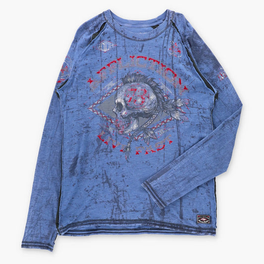 AFFLICTION Biker Skull Blue & Red Velvet Detail USA Made Vintage Y2K Long Sleeve Tee (XL TALL)