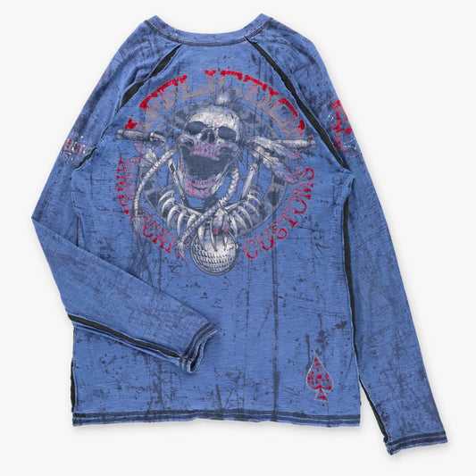 AFFLICTION Biker Skull Blue & Red Velvet Detail USA Made Vintage Y2K Long Sleeve Tee (XL TALL)