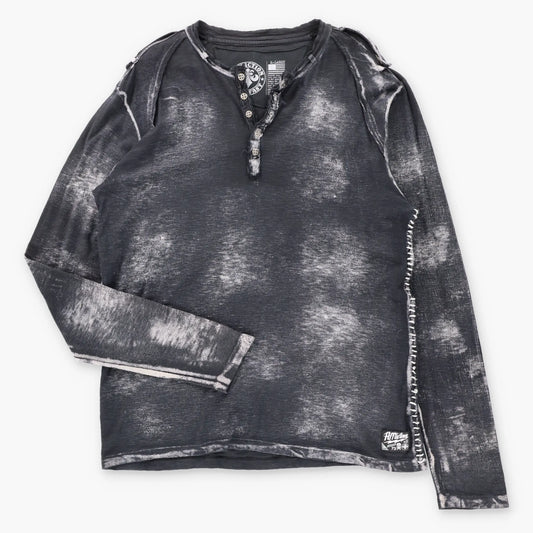 Vintage AFFLICTION Side Stitching Detail Black & Grey USA Made 1/4 Button Y2K Long Sleeve Tee (XL TALL)