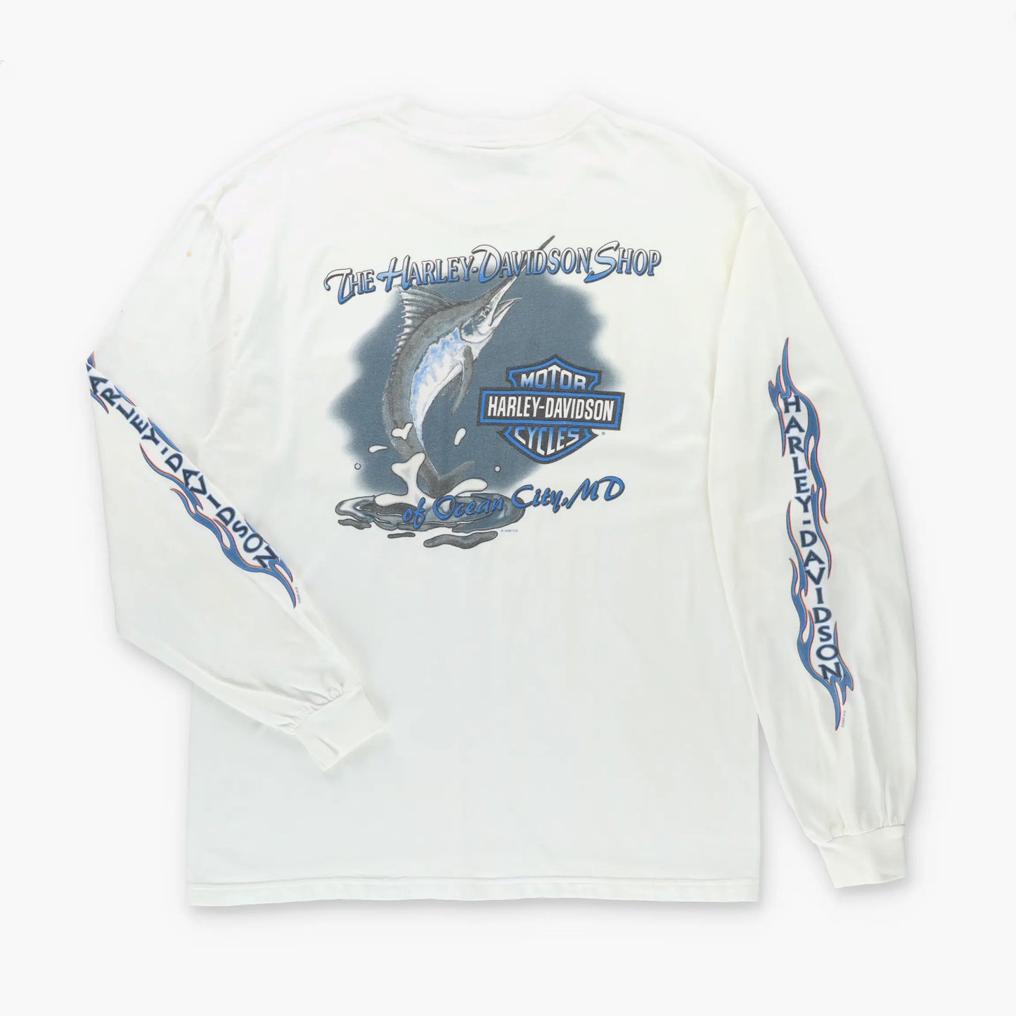Vintage HARLEY DAVIDSON Ocean City Marlin Fish Front Pocket Long Sleeve Tee USA Made (M-L TALL)