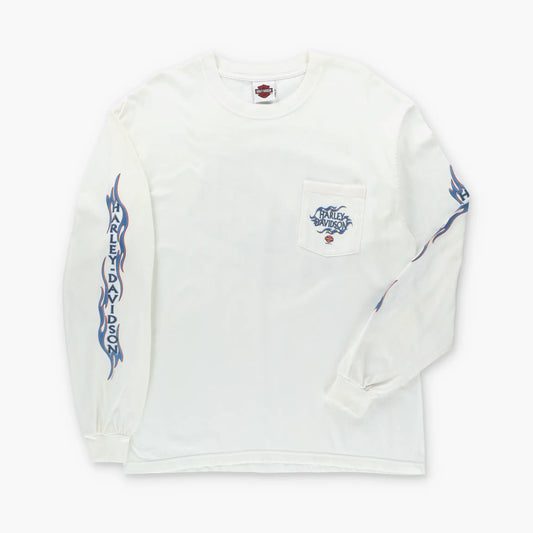 Vintage HARLEY DAVIDSON Ocean City Marlin Fish Front Pocket Long Sleeve Tee USA Made (M-L TALL)