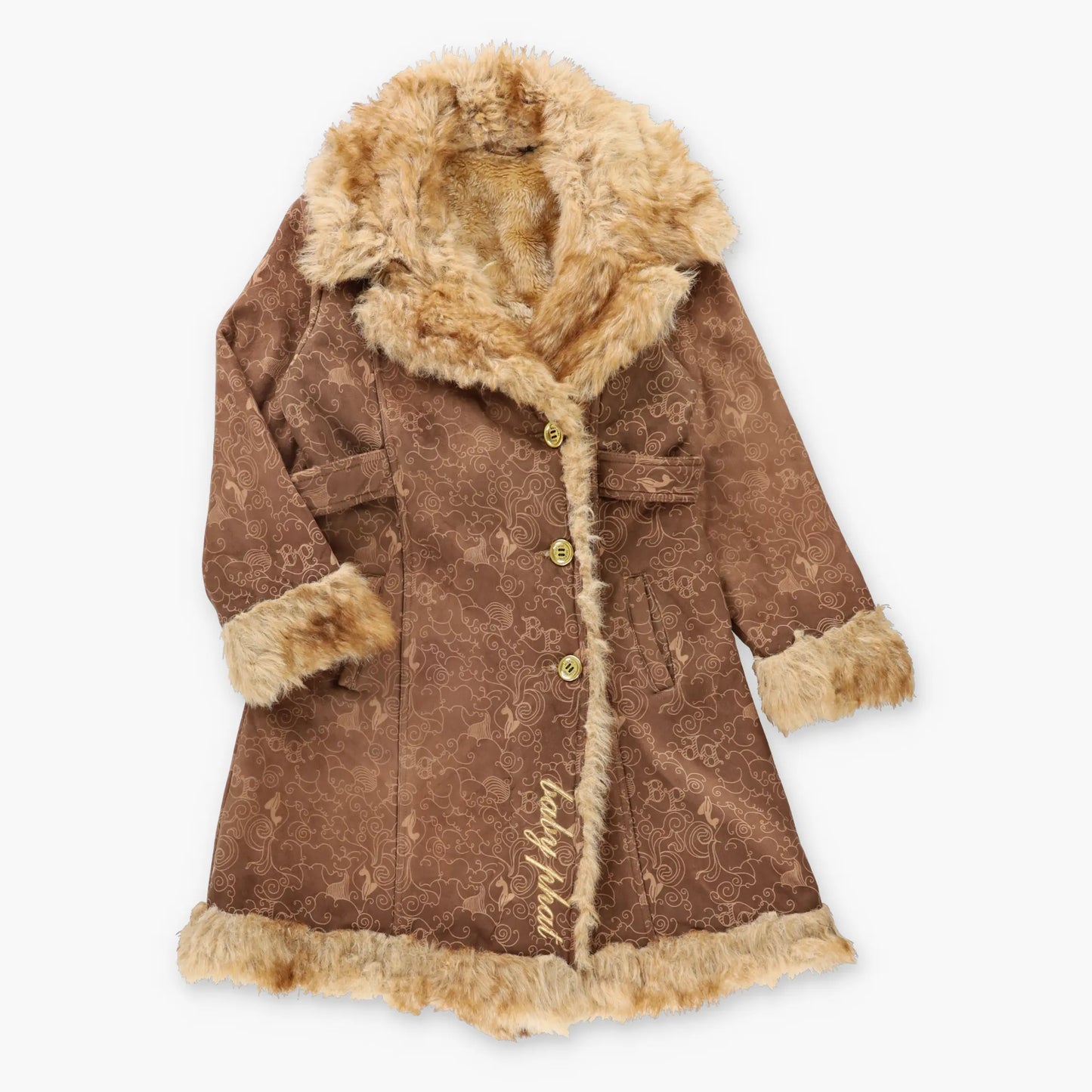 BABY PHAT Brown & Tan Y2K Gold Embroidered Faux Fur Lined Coat (Women's M)