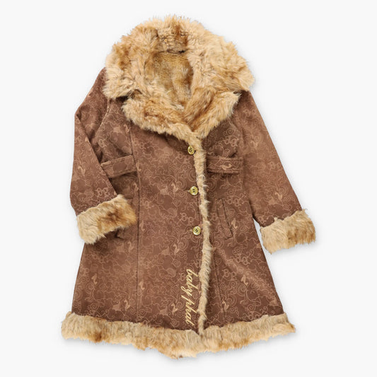 BABY PHAT Brown & Tan Y2K Gold Embroidered Faux Fur Lined Coat (Women's M)