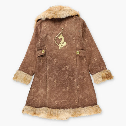 BABY PHAT Brown & Tan Y2K Gold Embroidered Faux Fur Lined Coat (Women's M)