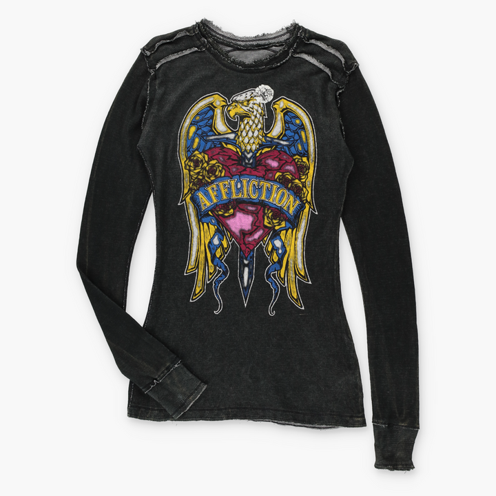 AFFLICTION Y2K Eagle Mesh Distressed Long Sleeve Top (Women's M-L)
