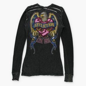 AFFLICTION Y2K Eagle Mesh Distressed Long Sleeve Top (Women's M-L)