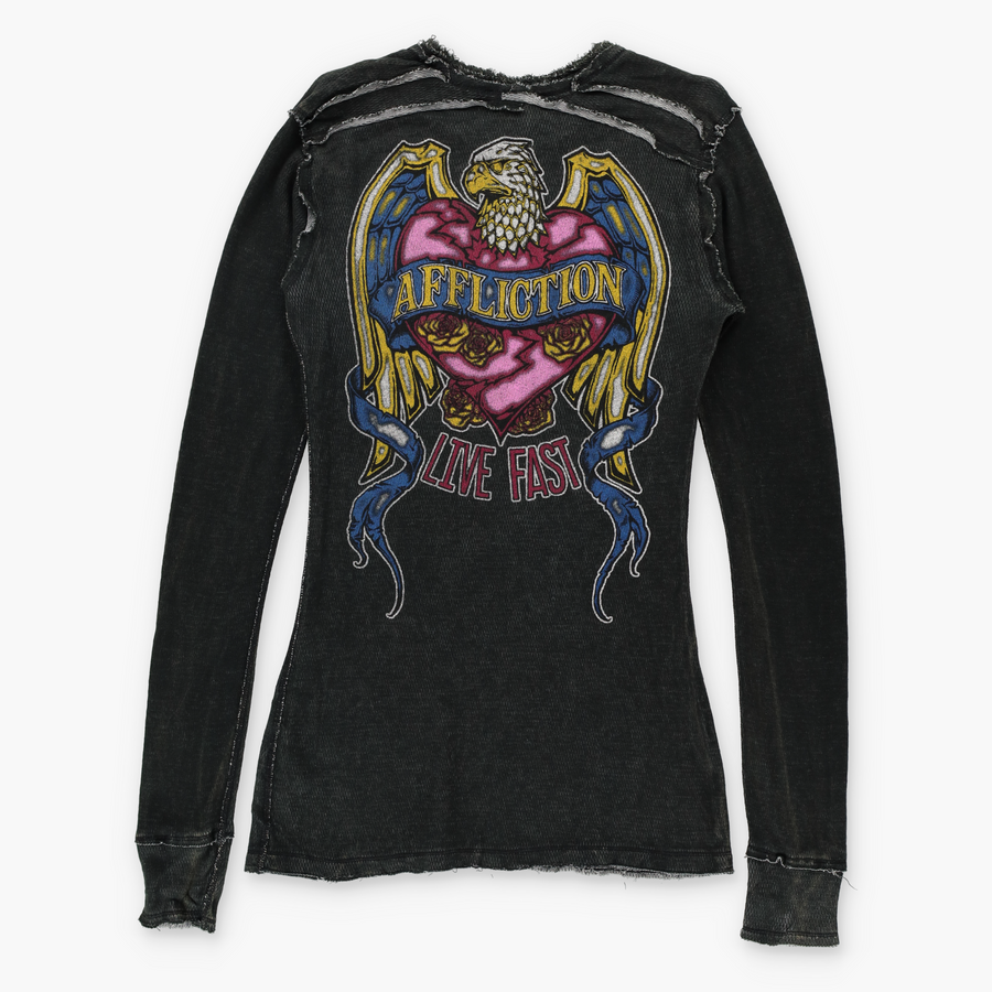 AFFLICTION Y2K Eagle Mesh Distressed Long Sleeve Top (Women's M-L)