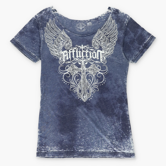 AFFLICTION YK2 Embellished Cross Wing Distressed Tee (Women's M-L)