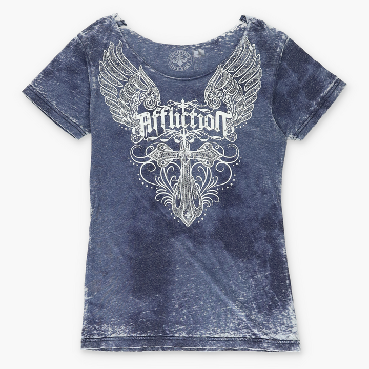 AFFLICTION YK2 Embellished Cross Wing Distressed Tee (Women's M-L)