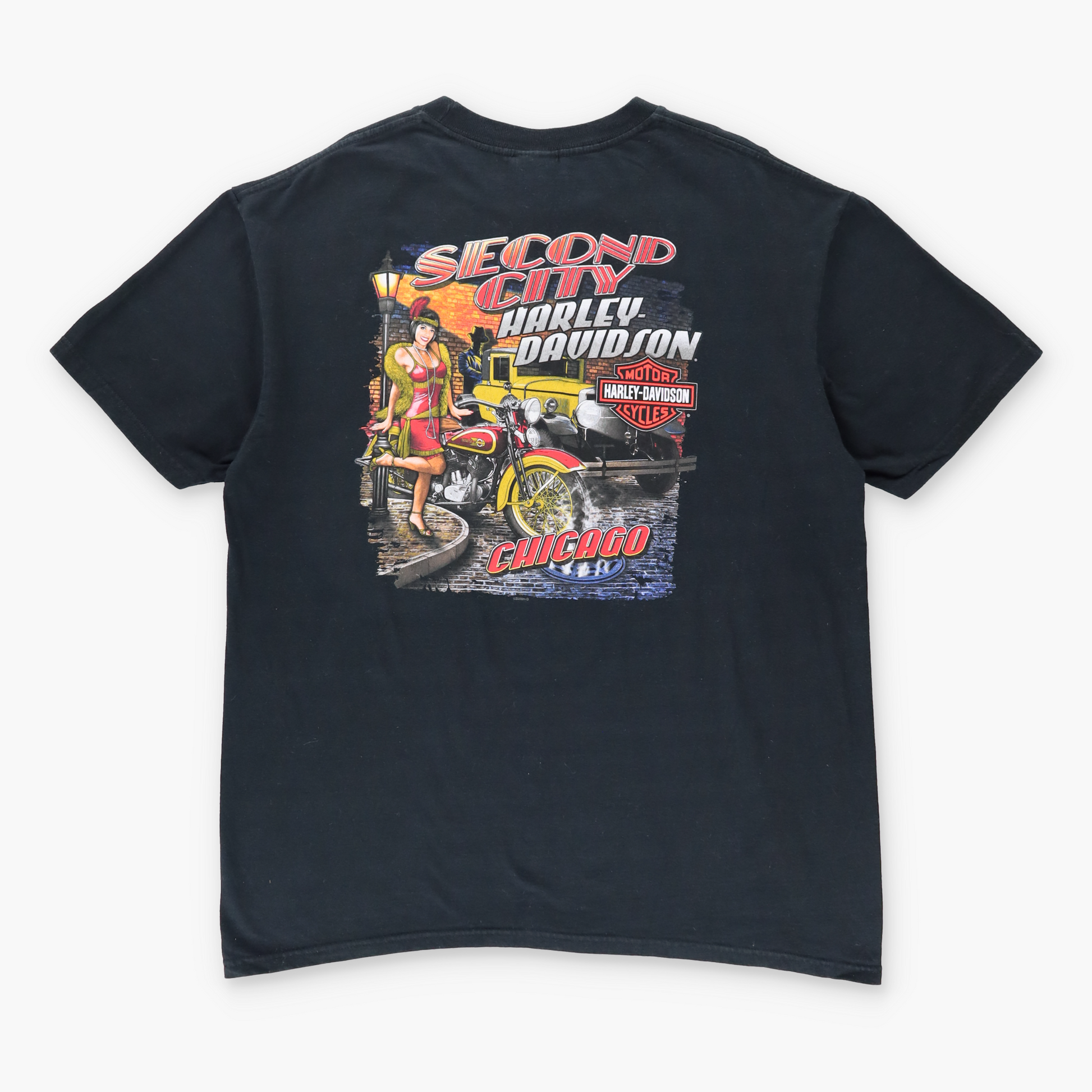 Vintage HARLEY DAVIDSON 'Second City' Retro Chicago Girl Motorcycle T-Shirt (L-XL) Vintage Sole Melbourne