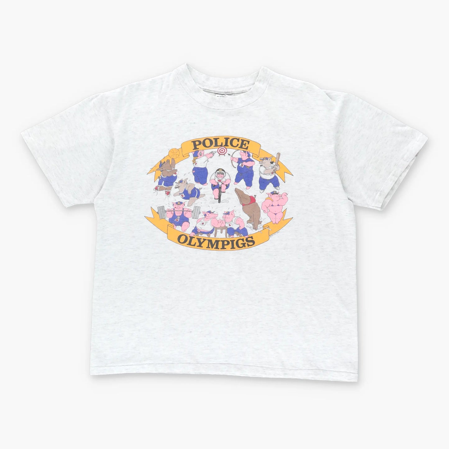 Vintage 1993 'Police Olympics' Pig Comedy Grey Single Stitch USA Made T-Shirt (M)
