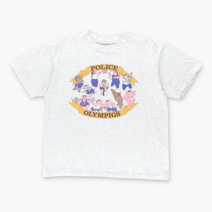 Vintage 1993 'Police Olympics' Pig Comedy Grey Single Stitch USA Made T-Shirt (M)