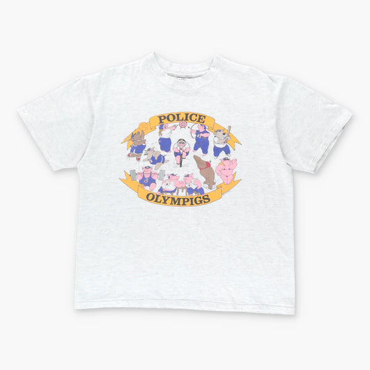 Vintage 1993 'Police Olympics' Pig Comedy Grey Single Stitch USA Made T-Shirt (M)