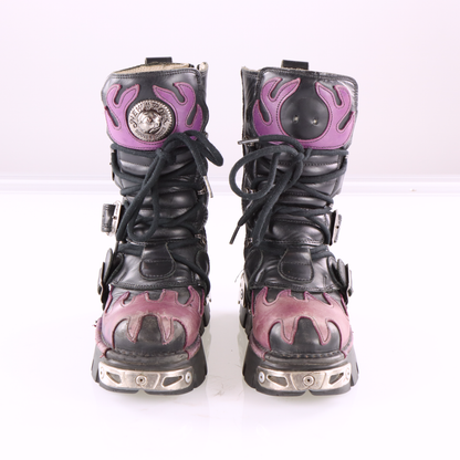 NEW ROCK 'Reactor' Purple Flame Black Leather Boots (36)