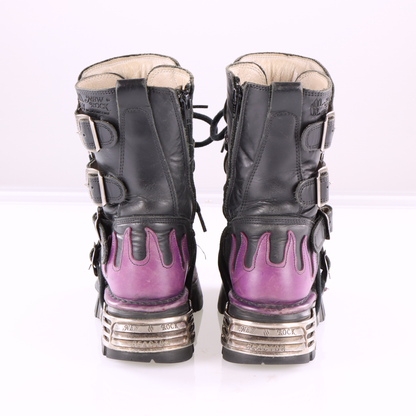 NEW ROCK 'Reactor' Purple Flame Black Leather Boots (36)