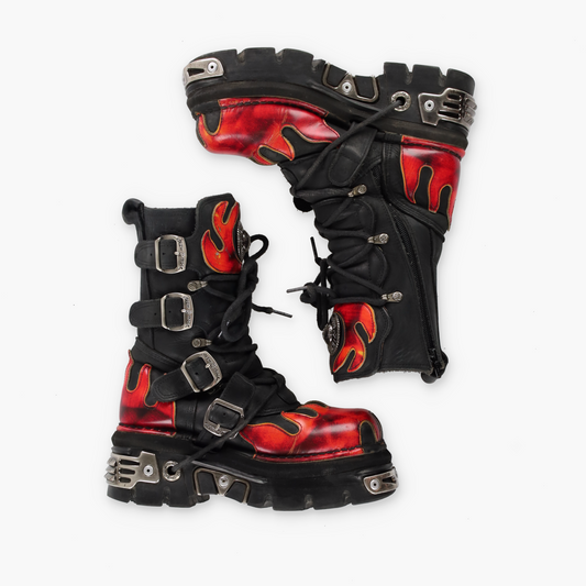 NEW ROCK 'Reactor' Orange Red Flame Black Leather Boots (38)