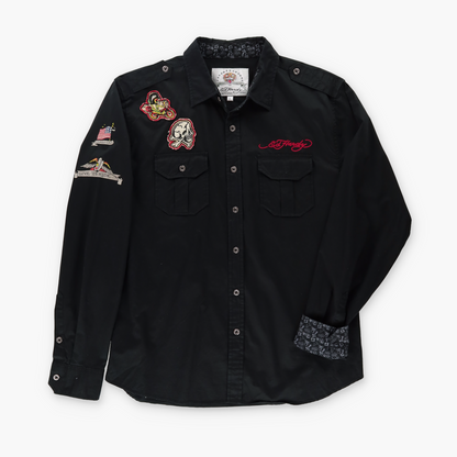 ED HARDY 'Live To Ride' Y2K Biker Patch Long Sleeve Shirt (XL)
