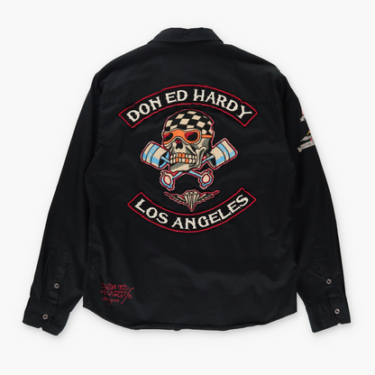 ED HARDY 'Live To Ride' Y2K Biker Patch Long Sleeve Shirt (XL)