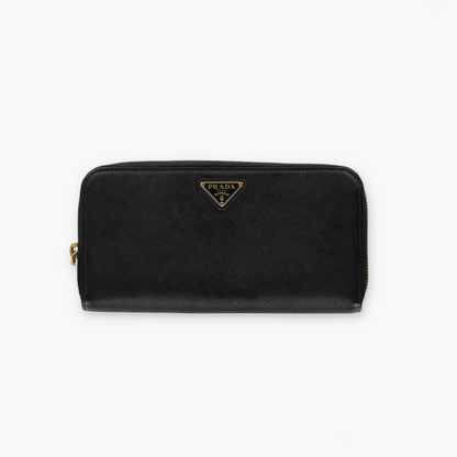 PRADA Black Saffiano Leather Zip Around Wallet