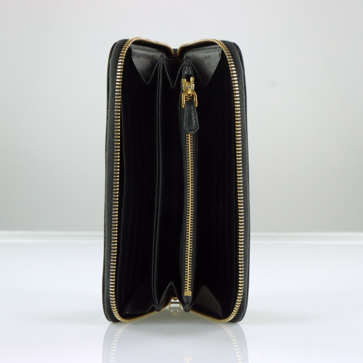 PRADA Black Saffiano Leather Zip Around Wallet