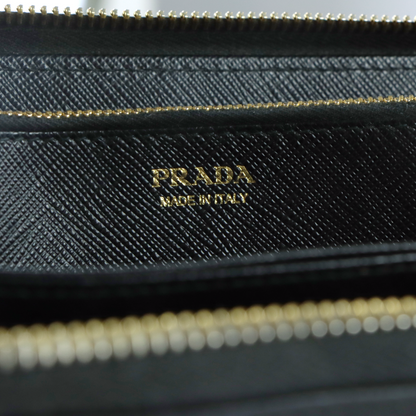 PRADA Black Saffiano Leather Zip Around Wallet