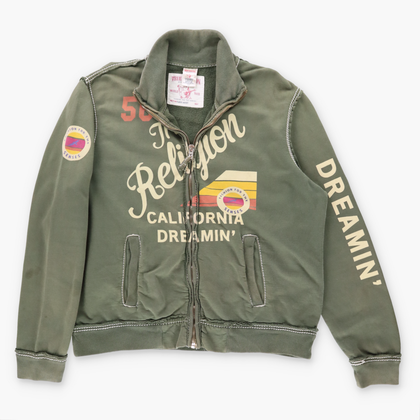 Vintage TRUE RELIGION "California Dreamin'" Y2K Khaki Full Zip Sweatshirt (XXL) ***COCO Vintage Sole Melbourne