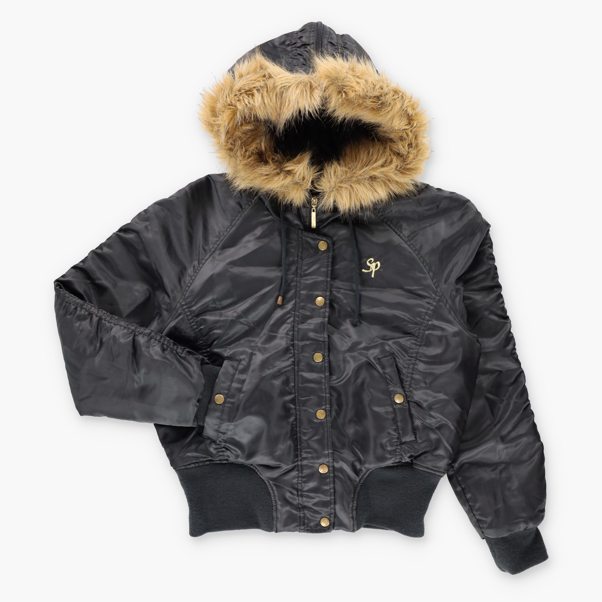 Vintage SOUTHPOLE Embroidered Gold Logo Black Y2K Faux Fur Hoodie Puffer Jacket (Women's S) ***COCO Vintage Sole Melbourne
