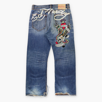 Vintage ED HARDY Rhinestone Skull New York City Y2K Distressed Blue Jeans (36x32) Vintage Sole Melbourne