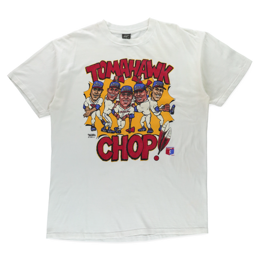Atlanta Braves "Tomahawk Chop" MLB Caricature Single Stitch White Tee USA Made (XL)