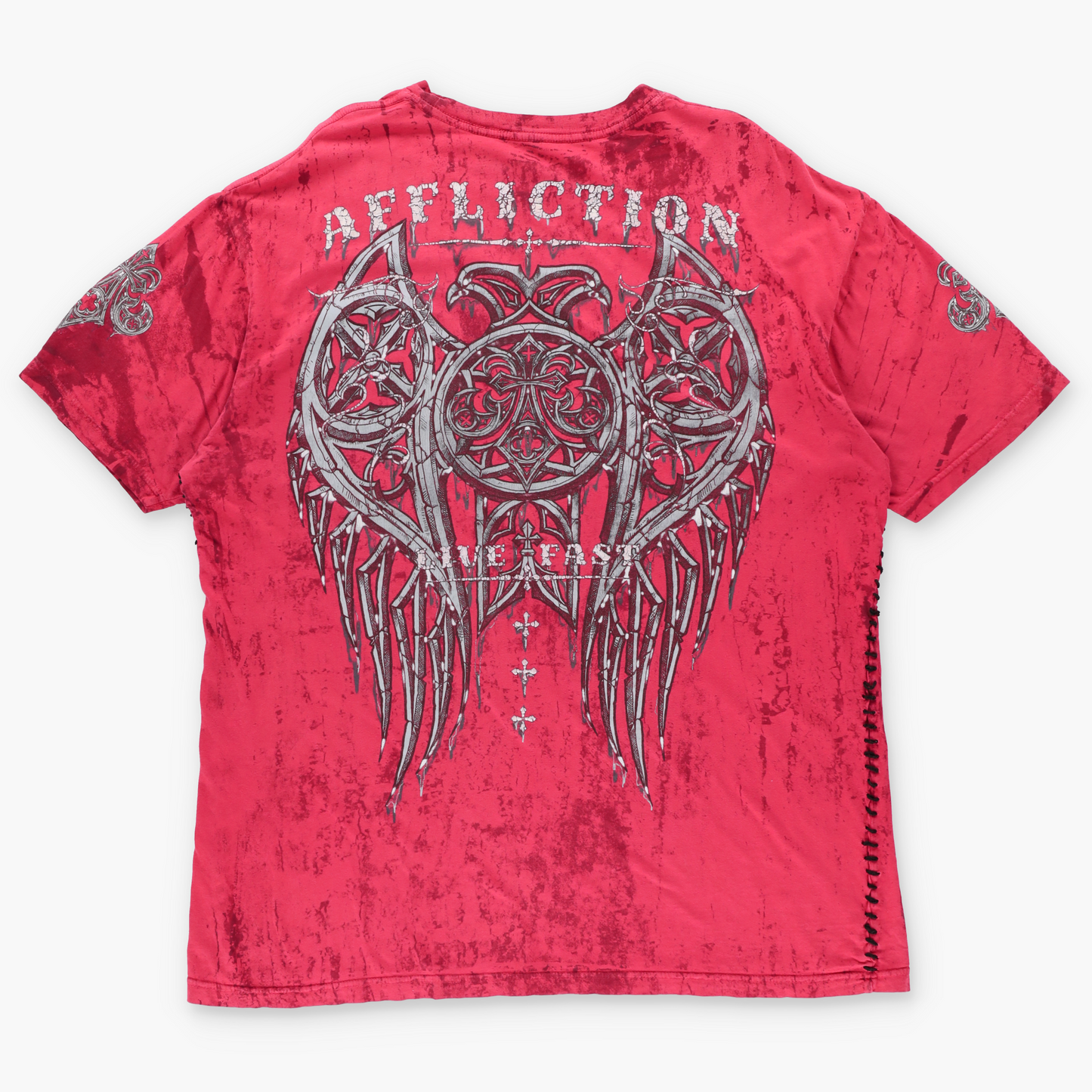 AFFLICTION Red "Live Fast" Side Stitching & Felt Detail Distressed T-Shirt USA Made (XXL)