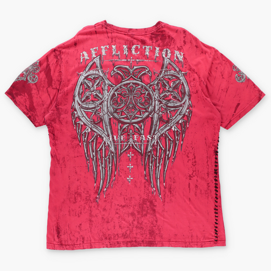 AFFLICTION Red "Live Fast" Side Stitching & Felt Detail Distressed T-Shirt USA Made (XXL)