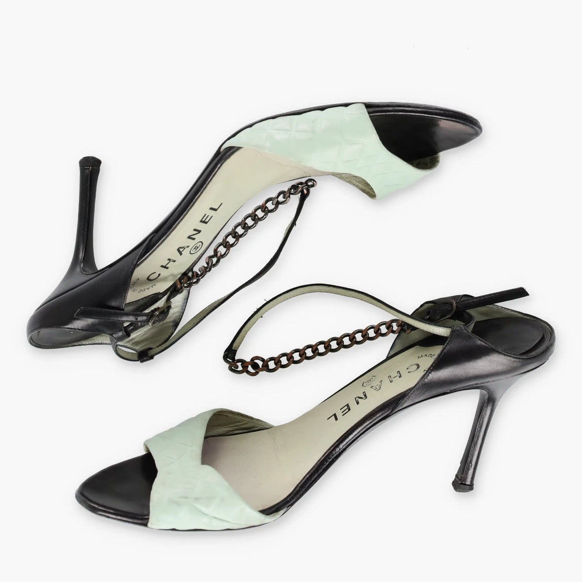 Vintage CHANEL Italy Made Chain Strap Blue & Black Leather Heel (40)